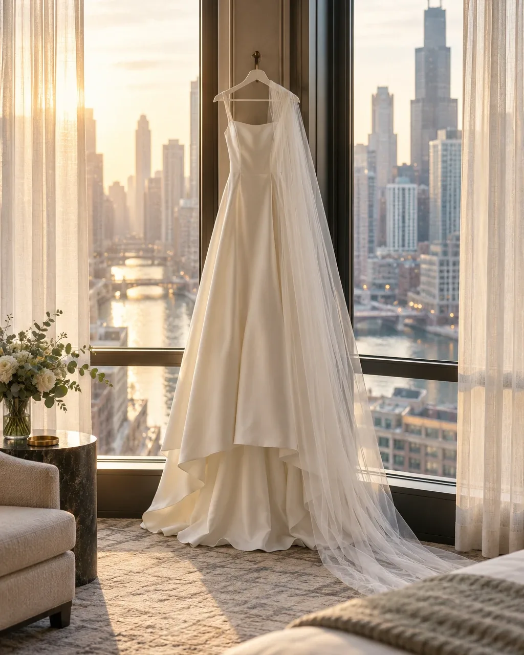Wedding dress on a hanger by a window overlooking the Chicago skyline